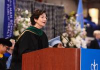 Dean Linda P. Fried speaks at a podium